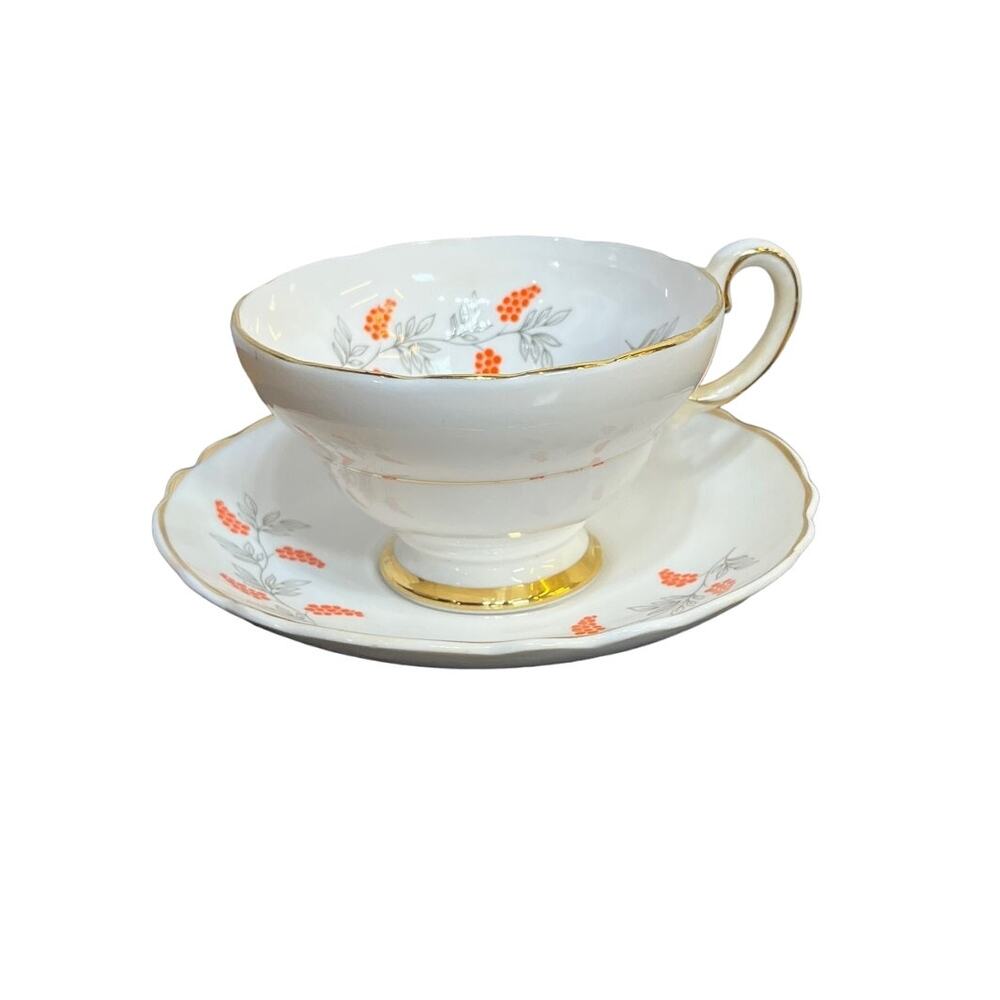 Vintage Staffordshire Bone China Cup and Saucer Orange Berries/Grapes Gold Rim